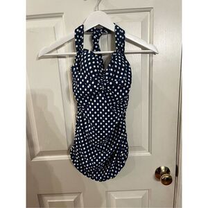 Girl Howdy Sandy Navy Blue Polka Dot Retro Style Swimsuit sz 8 EUC